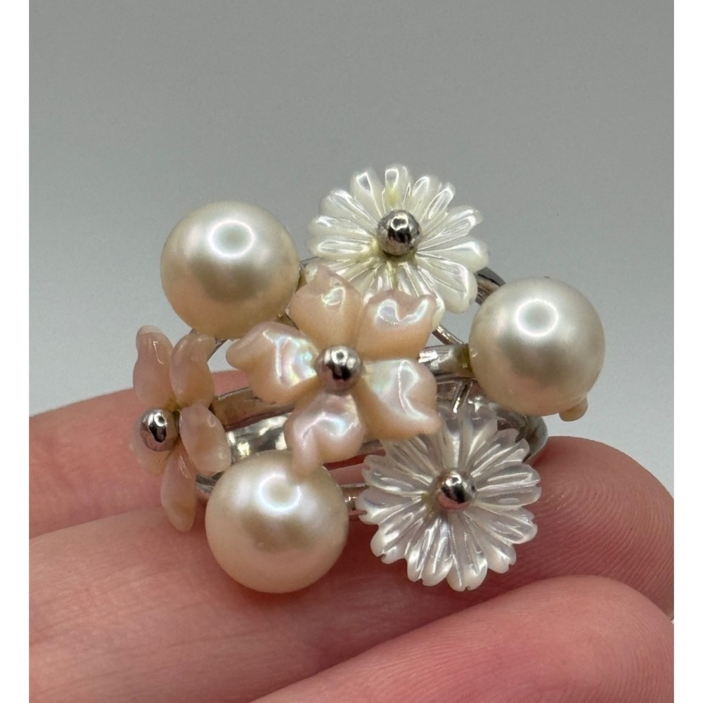Sterling Silver Cultured Pearl Mother of Pearl Flower Ring Size 7
